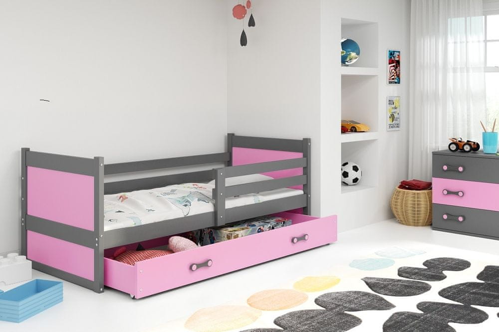 eoshop Detská posteľ Rico 1 80x190, s úložným priestorom - 1 osoba - Grafit, Ružová